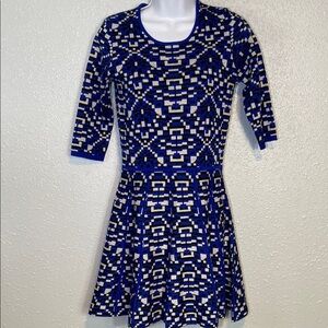 Rumere 100% Wool Blue and White Fit and Flare Dress with 3/4 Sleeves